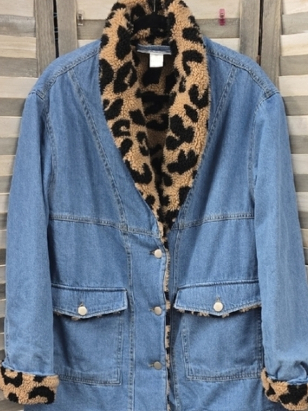 Leopard Sherpa Lined Denim Coat - Light Blue